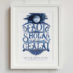 Moonlight watercolour fine art print in Irish language in white wooden frame