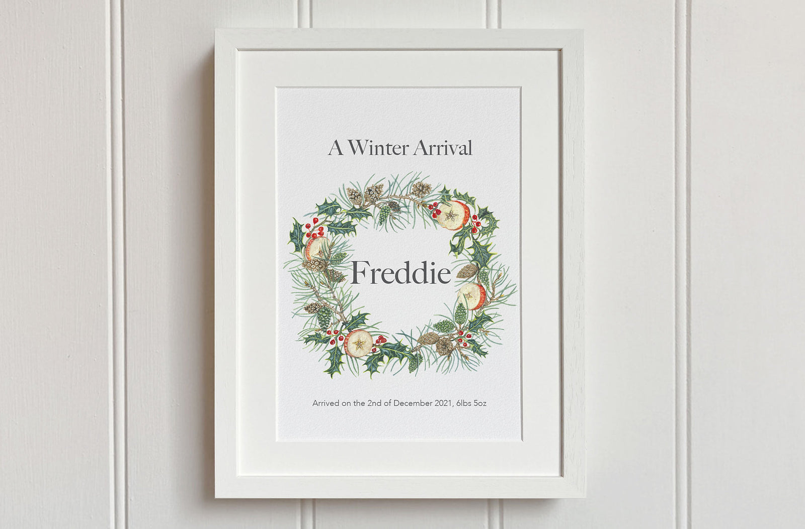 Winter wreath art print in white frame