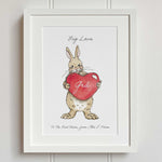 Rabbit art print with love heart in white farme