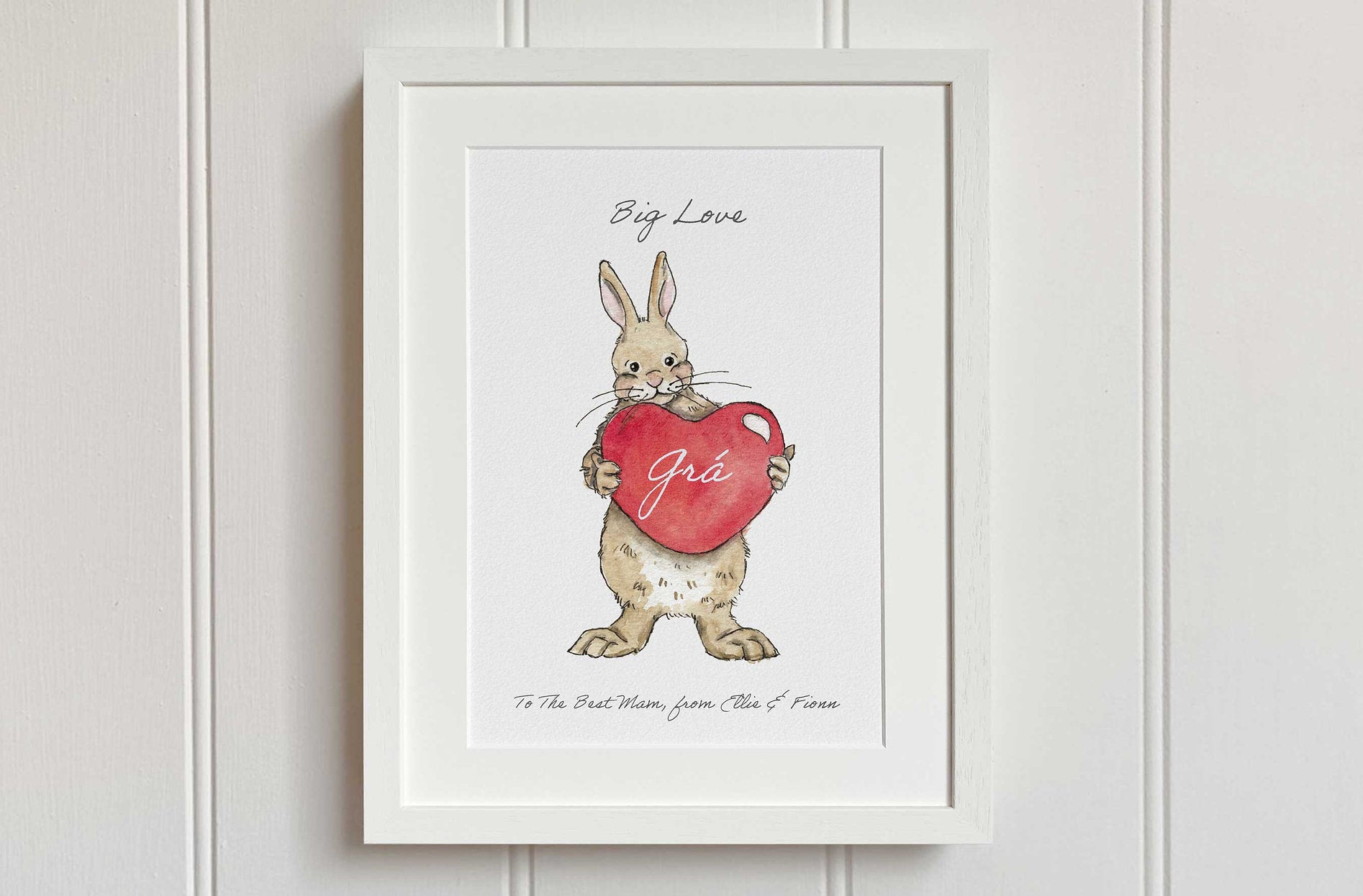 Rabbit art print with love heart in white farme