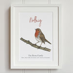 Robin bird on branch art print in white frame