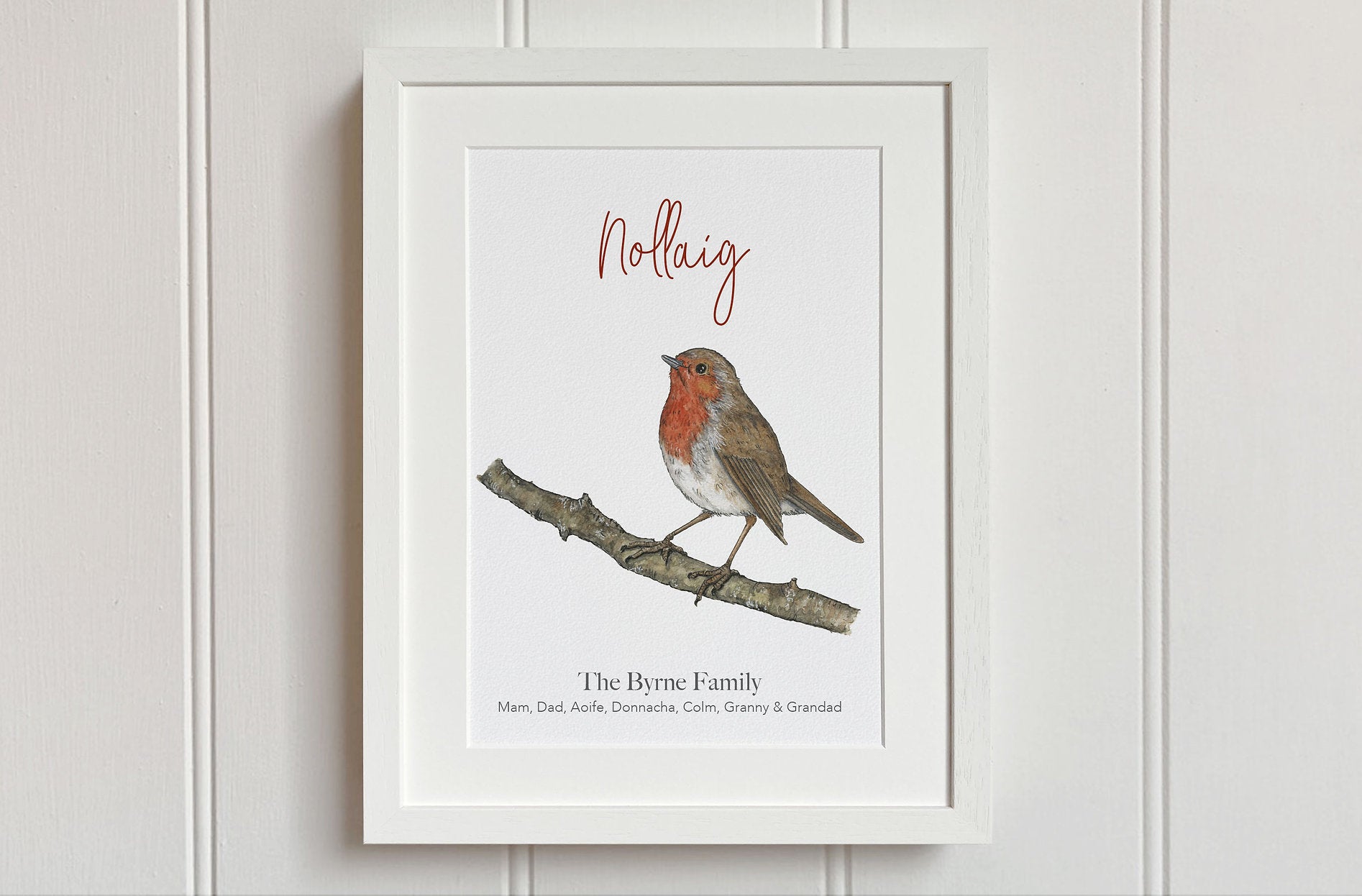 Robin bird on branch art print in white frame