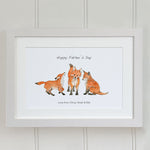 three fox cubs watercolour fine art print in white wooden frame.