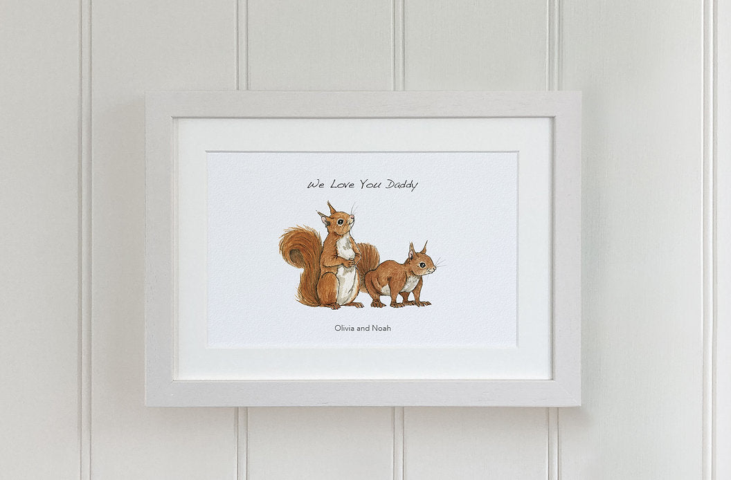 two squirrels watercolour fine art print in white wooden frame