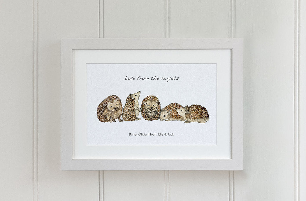 five hedgehogs watercolour fine art print in white wooden frame.