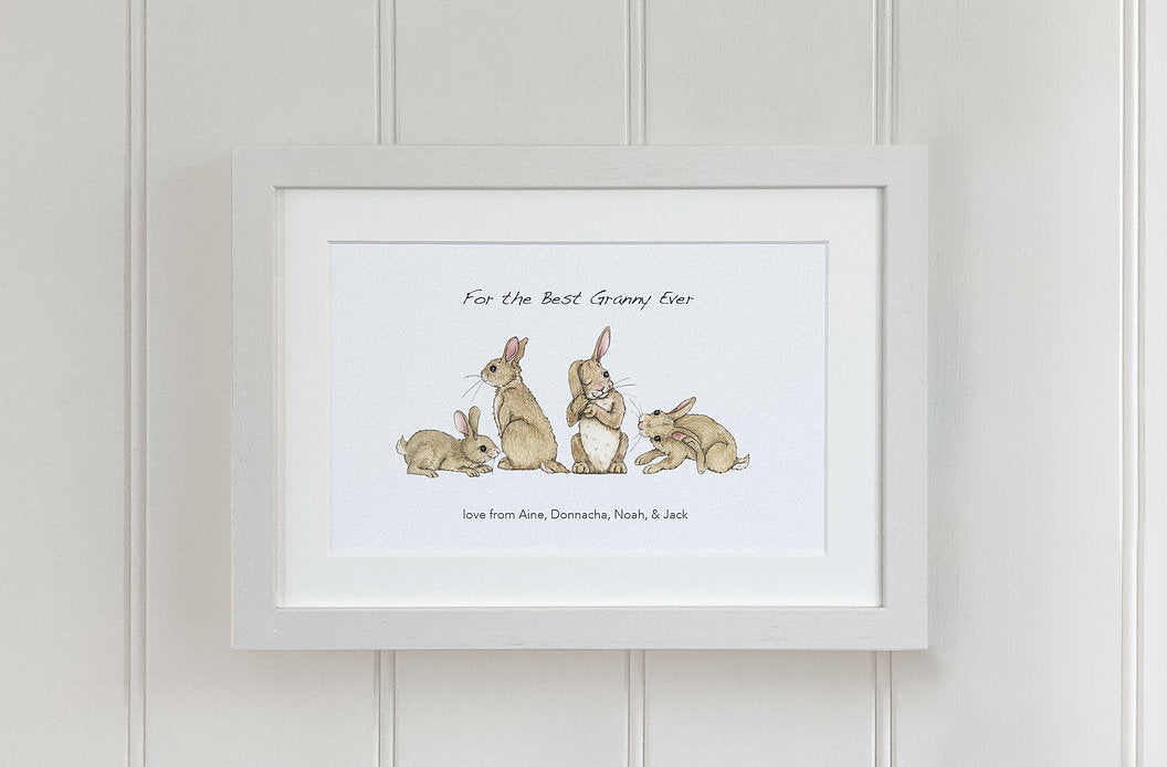 four rabbits watercolour fine art print in white frame