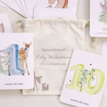 Luxury set of Irish woodland animal themed milestone cards in drawstring cotton bag from Fiadh and Finn, keepsakes.