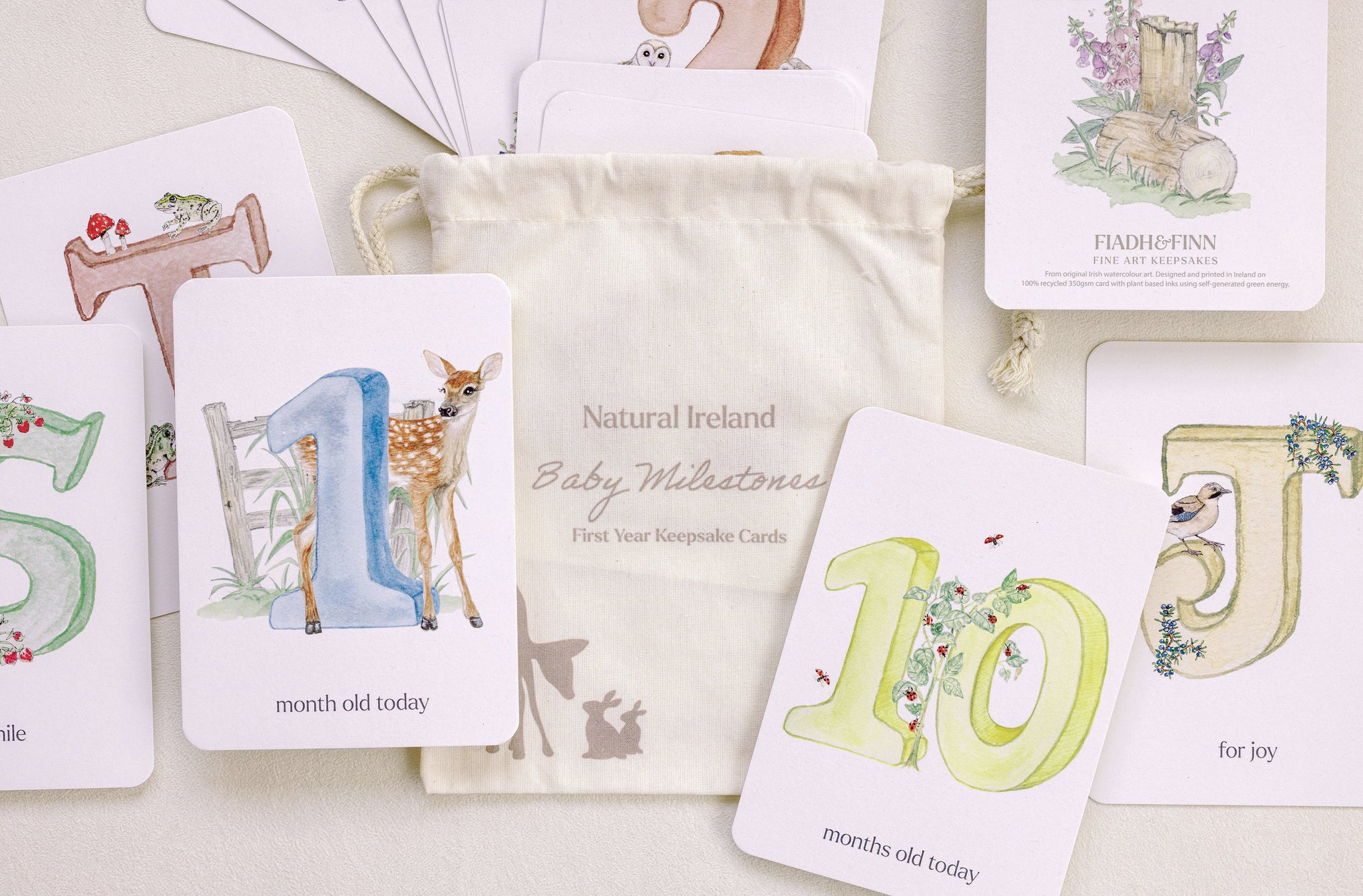 Luxury set of Irish woodland animal themed milestone cards in drawstring cotton bag from Fiadh and Finn, keepsakes.