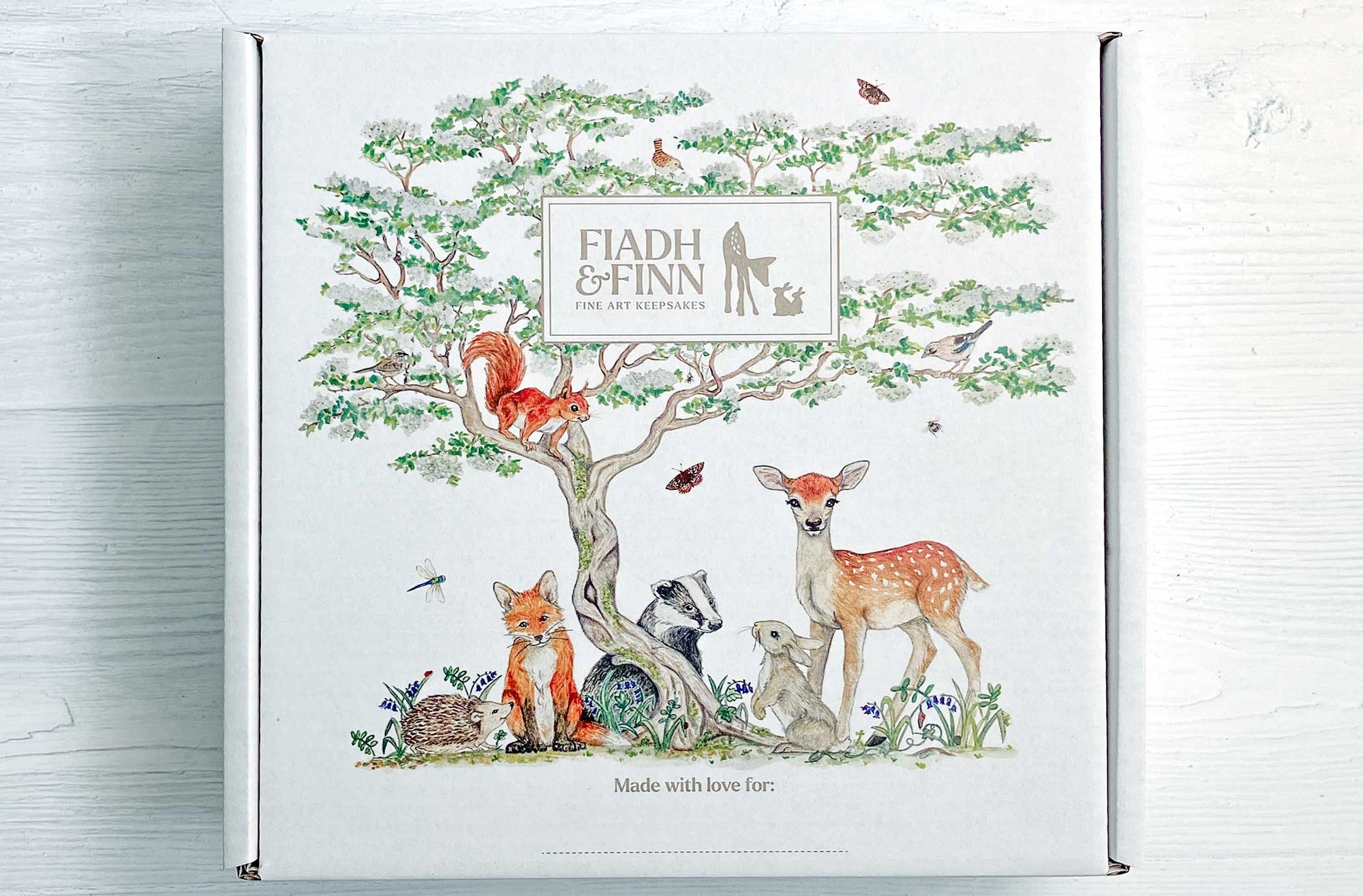 Branded Fiadh&Finn personalised gift box with woodland animals design