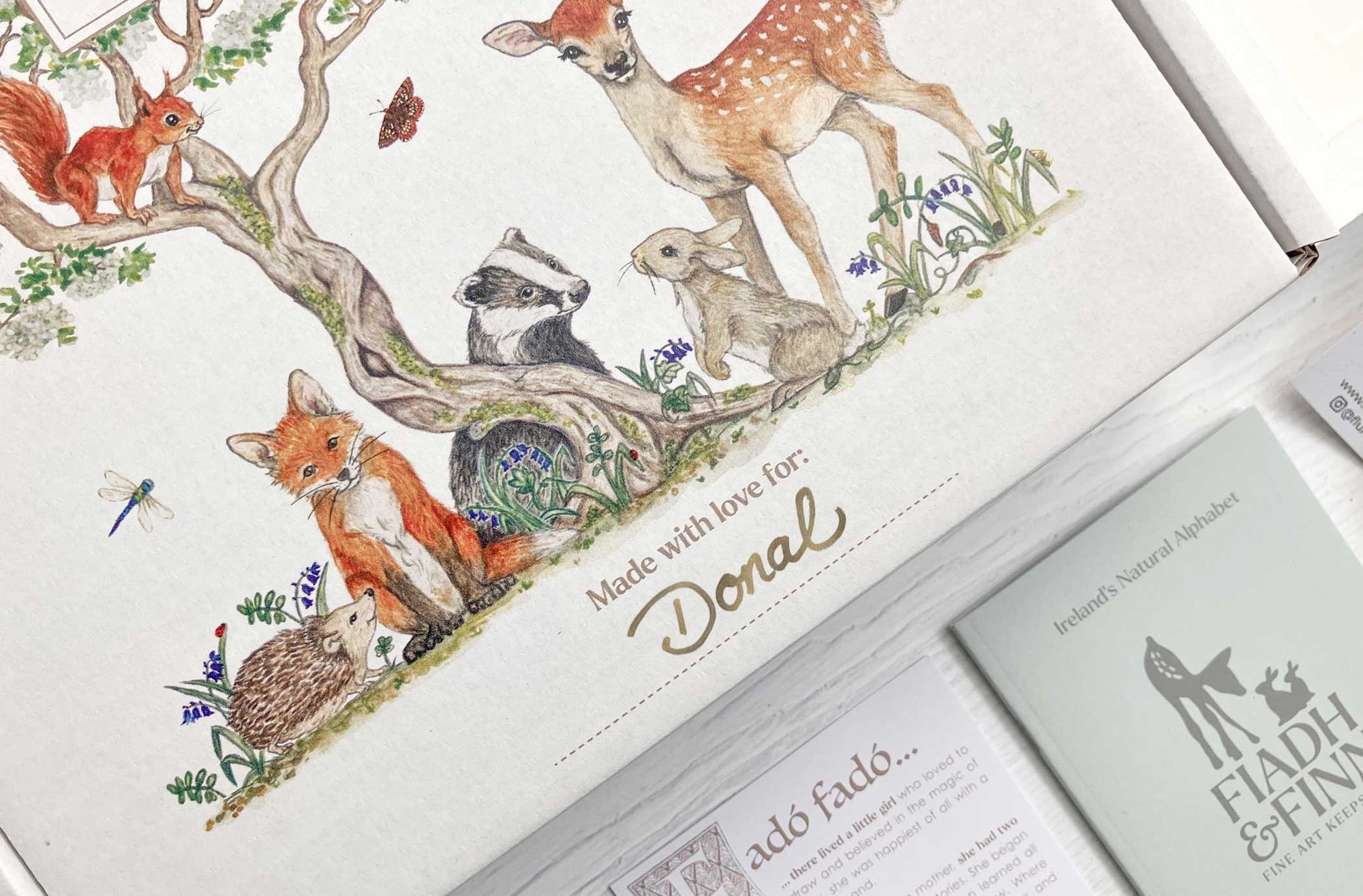 Branded Fiadh&Finn personalised gift box with woodland animals design