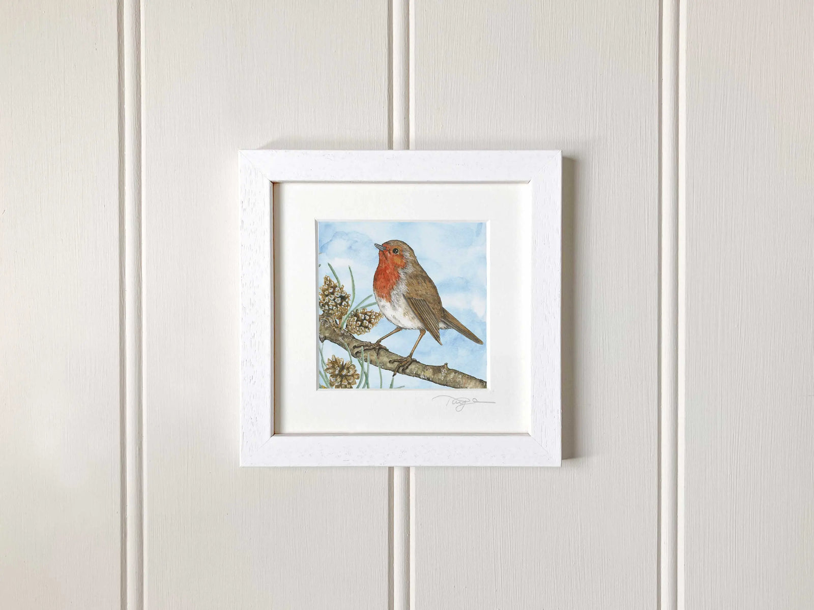 Miniature robin bird print on a branch in watercolour in a white frame 